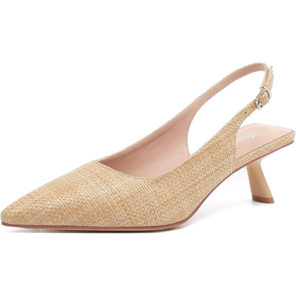 Mostrin Kitten Heel Raffina Natural Low Slingback Heels With Buckle Dress Shoes
